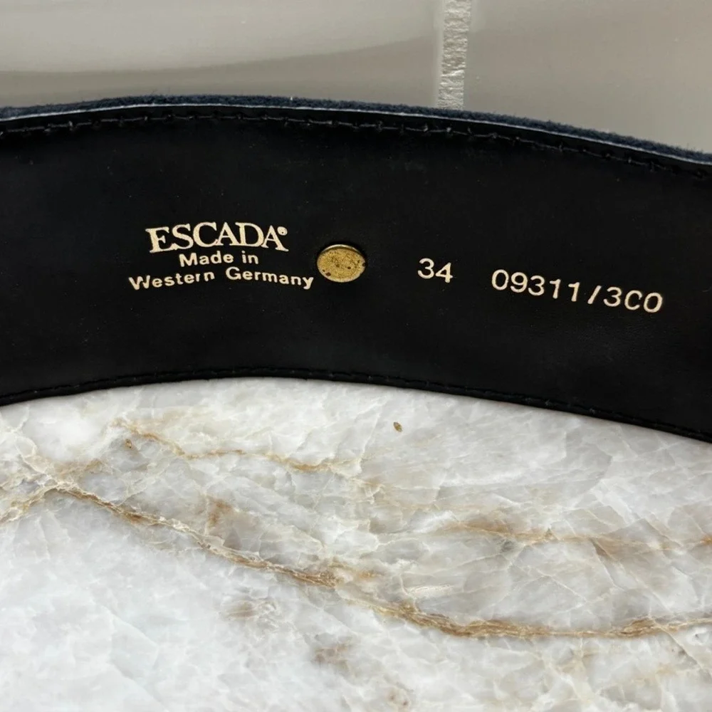 ESCADA Vintage Horse Head Buckle Belt Black Suede Wide Belt Gold Western Germany